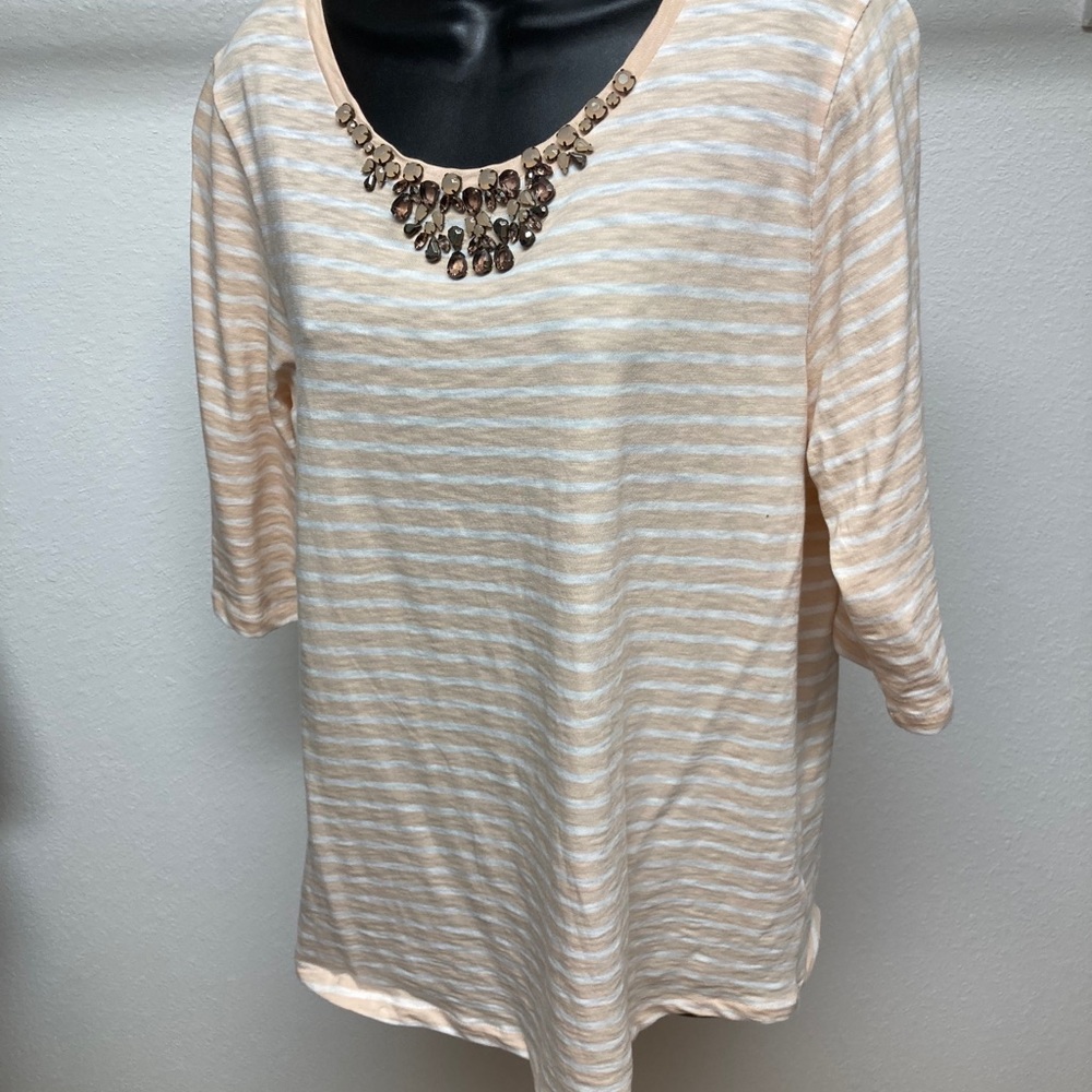 J Crew Striped Cotton T Shirt w/ Jewelry Detail XL